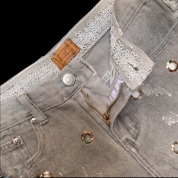 SALE POL Grey Denim Distressed Raw Edge Grommet Shorts - Picture 10 of 14